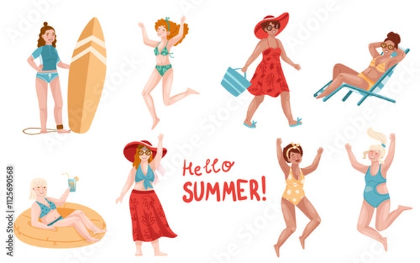 Obraz Set of girls in different poses on the beach, sunbathing, surfing, walking, swimming. Drawn in cartoon style. Vector illustration for designs, prints, patterns. 
