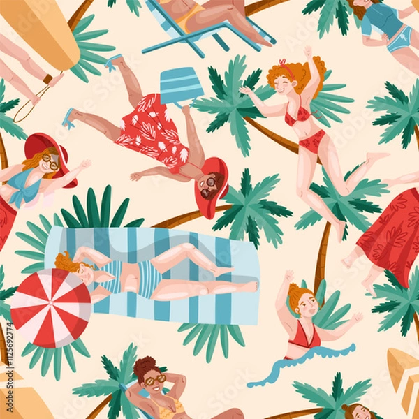 Obraz Seamless pattern girls in different poses on the beach, sunbathing, surfing, walking, swimming. Drawn in cartoon style. Vector illustration for designs, prints, patterns. 