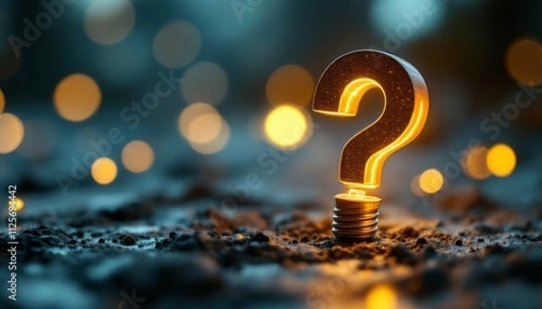 Fototapeta Focused shot of a question mark integrated with a bulb, leaning against a light bulb, illuminated by a soft glow, the blurred environment emphasizes the idea of discovery and answers