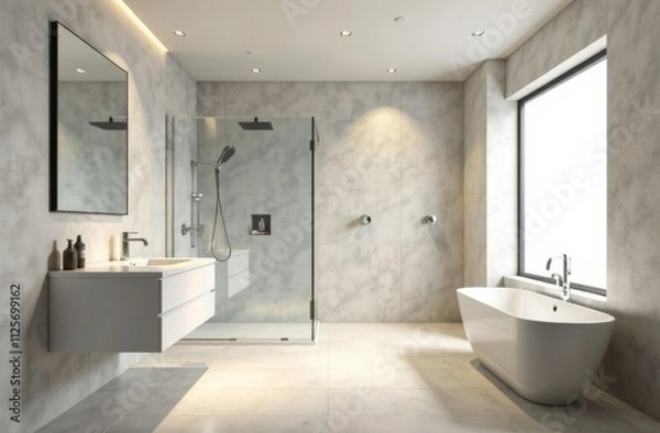 Fototapeta A refined bathroom with minimalist design, including a floating vanity, a walk-in rain shower, and elegant fixtures.