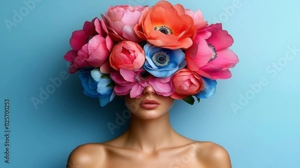 Fototapeta Abstract art collage of a young woman with flowers on her face covering her eyes. A modern portrait symbolizing mystery, beauty, and the connection between nature and emotions.