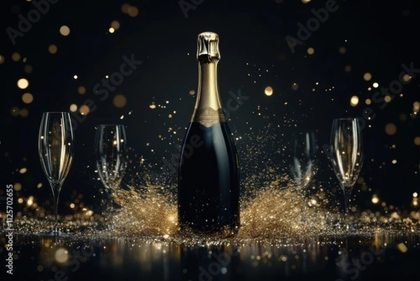 Obraz A champagne bottle pops joyfully, releasing sparkling bubbles, while elegant glasses await to be filled during a festive celebration. Generative AI