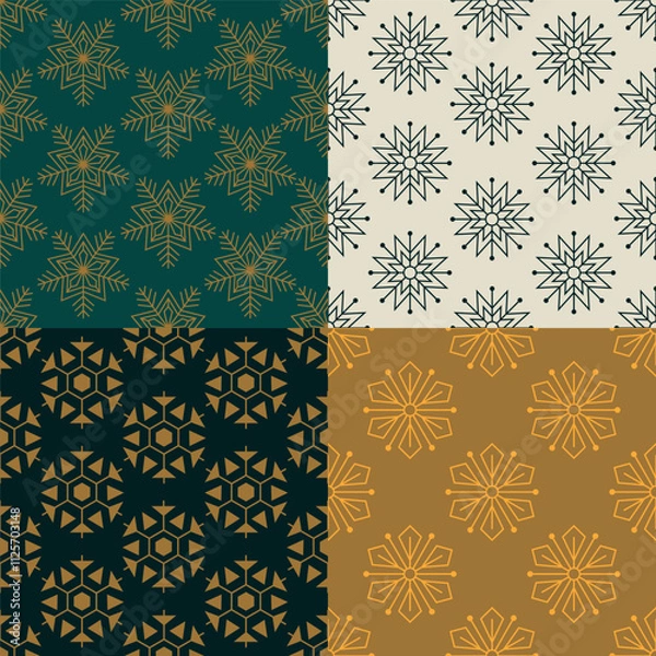 Obraz Set of pattern of geometric figures of stars on green, beige, gold and dark background, wallpaper figures