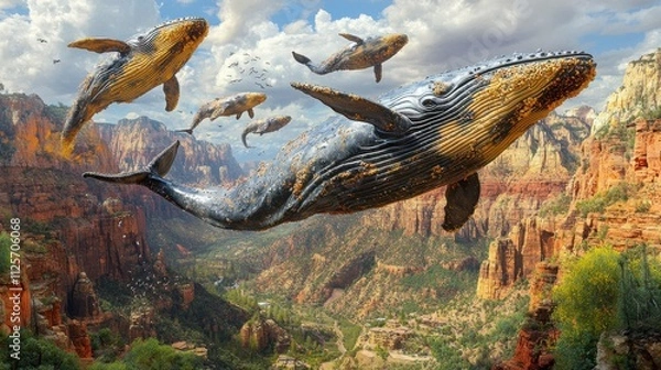 Fototapeta A surreal 3D render of whales flying in the sky above vast mountain ranges, reflecting the internal struggle of isolation and anxiety, creating a powerful emotional narrative.