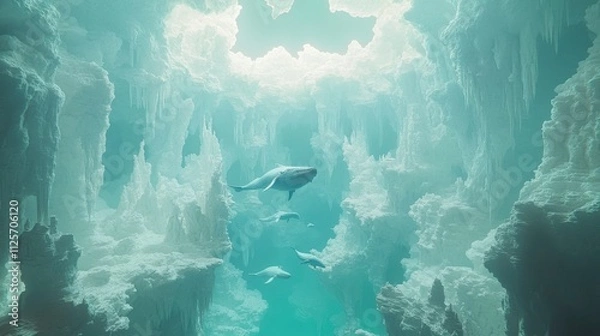 Fototapeta A surreal 3D render of whales floating through the sky over mountains, conveying the feeling of anxiety and isolation, with a dreamlike quality that evokes deep emotional reflection.