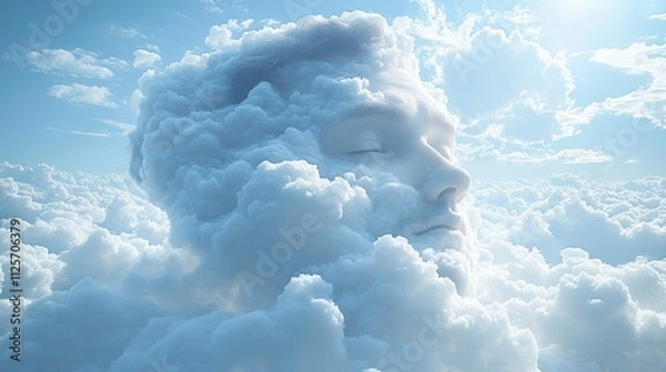 Fototapeta Surreal imagery of a man with his head in the clouds representing the blending of reality and fantasy, inviting deep thoughts and introspection in a dreamy landscape.