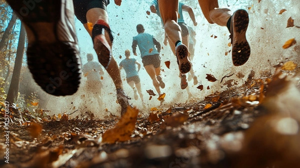 Obraz Focused image of multiple runners feet in forest trail, creating dynamic scene