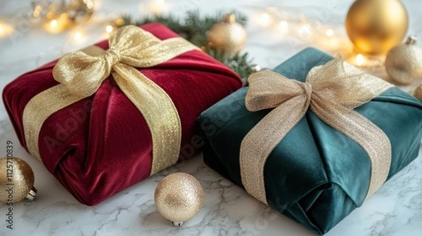 Fototapeta Two presents, one red and one green, are wrapped in gold and silver ribbons. Generative AI