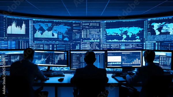 Fototapeta High tech control room with professionals analyzing data on multiple screens. atmosphere is focused and dynamic, showcasing advanced technology and teamwork
