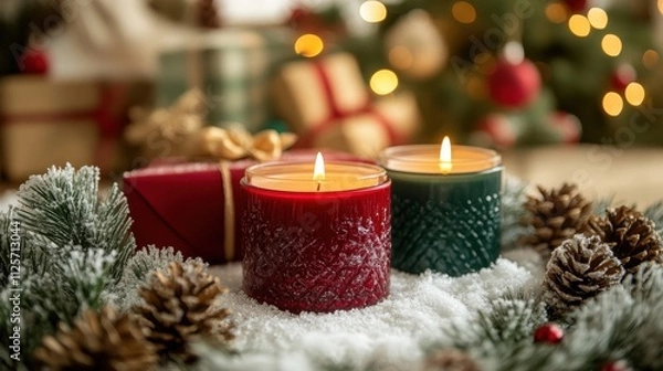 Fototapeta Two candles are lit on a table with pine cones. Generative AI