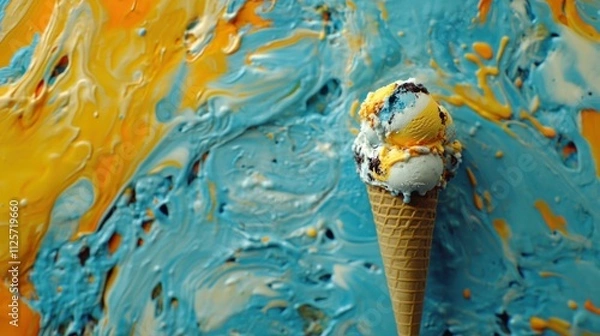 Fototapeta A colorful ice cream cone sits against a vibrant blue and orange abstract background, creating a joyful and artistic presentation.
