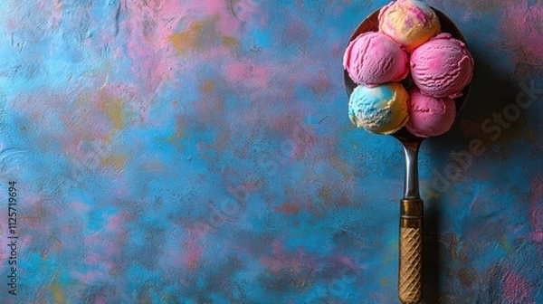 Fototapeta A vibrant image of a scoop filled with colorful ice cream scoops against a blue and pink textured background.