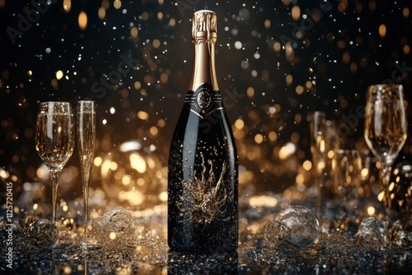 Fototapeta Champagne bottle erupts with a joyful pop, surrounded by intricate glasses, perfect for celebrating special occasions and gatherings. Generative AI