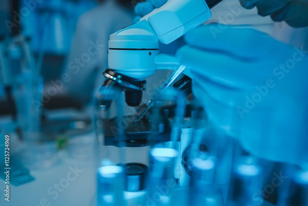 Fototapeta lab, scientist working on scientific equipment in modern laboratory, International team of scientists working together in medical laboratory doing research on chemicals and bacteria