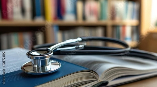 Obraz A stethoscope rests on an open medical textbook, symbolizing healthcare and education.