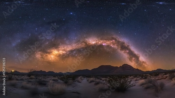 Fototapeta A stunning panoramic view of the Milky Way over a desert landscape at night.