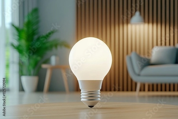 Obraz A hyper-realistic close-up of an energy-efficient LED bulb glowing softly, surrounded by a detailed minimalist home interior