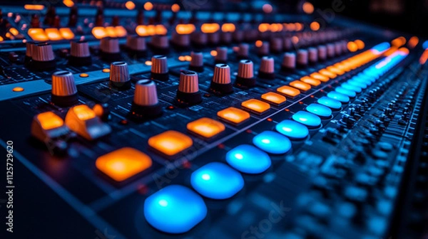 Fototapeta professional audio mixing console illuminated by vibrant LED lights, showcasing precision dials, sliders, and colorful buttons. Represents sound engineering, creativity, and innovation