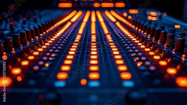 Fototapeta professional audio mixing console illuminated by vibrant LED lights, showcasing precision dials, sliders, and colorful buttons. Represents sound engineering, creativity, and innovation
