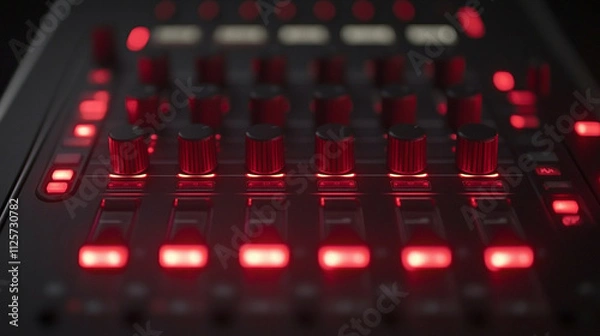Fototapeta professional audio mixing console illuminated by vibrant LED lights, showcasing precision dials, sliders, and colorful buttons. Represents sound engineering, creativity, and innovation