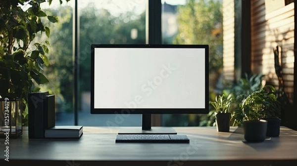 Obraz Modern Desktop Computer Setup With Plants Near Window