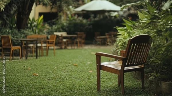 Fototapeta Wooden chair in lush green garden setting with distant tables and chairs surrounded by vibrant plants and natural tranquility.