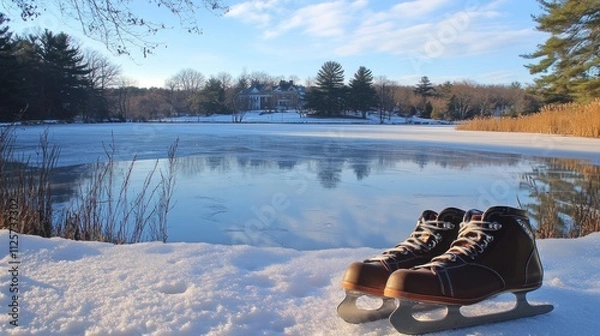 Fototapeta Ice skates on snow by a frozen lake, reflecting a serene winter landscape.