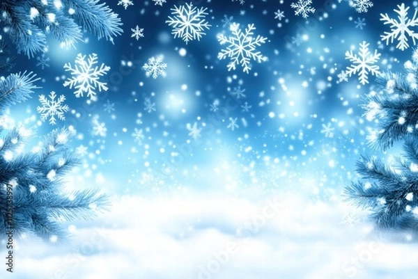 Obraz Winter Wonderland Background with Snowflakes and Pine Branches