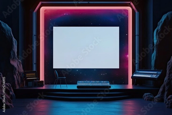 Fototapeta Futuristic Music Studio with Blank Screen and Neon Lights Against a Cosmic Backdrop