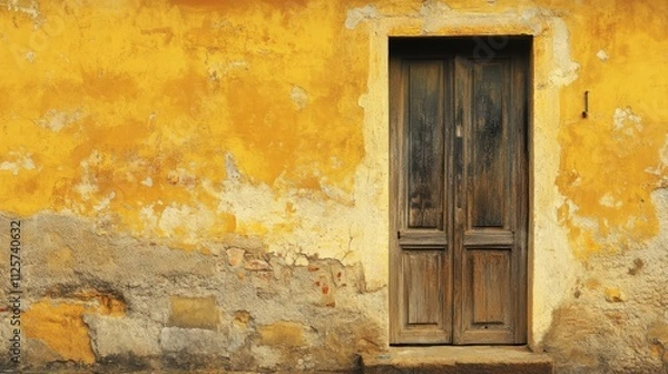 Fototapeta Vintage yellow wall texture featuring varying shades and a rustic wooden door, ideal for backgrounds and design projects.