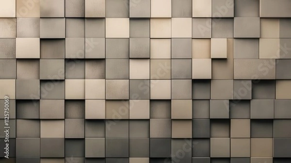 Fototapeta A textured wall of square tiles in varying shades of beige and gray.
