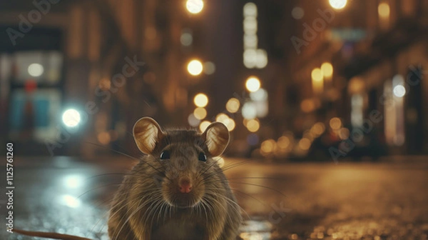 Fototapeta Large rat with detailed realistic texture standing on city street, looking directly at camera, urban environment presence emphasized.