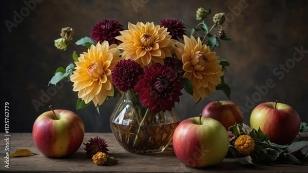 Fototapeta Autumn floral arrangement with dahlia and apples