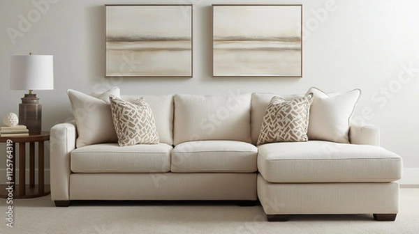Fototapeta Elegant living room setup featuring a cream sofa and minimalist art in a bright contemporary space