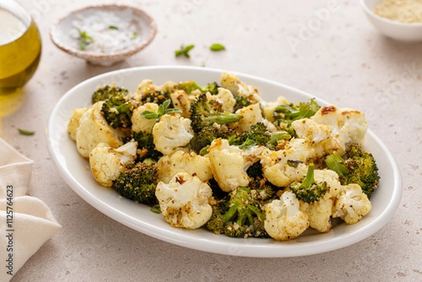 Fototapeta Roasted broccoli and cauliflower on a serving plate with herbs and spices