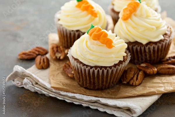 Fototapeta Carrot cupcakes with cream cheese frosting