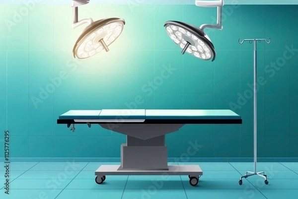 Fototapeta Modern Surgical Room with Overhead Lights, Operating Table, and IV Stand in a Clean and Bright Environment for Medical Use and Healthcare Settings