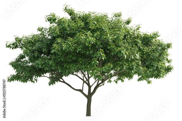Fototapeta A lush green tree with a full canopy on a white isolated background.