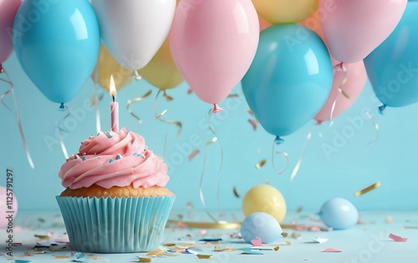 Obraz A Delightful Birthday Cupcake with Pastel Balloons and Confetti
