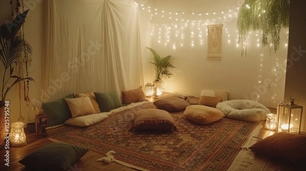 Fototapeta Cozy and Inviting Relaxation Space with Soft Cushions, Warm Lighting, and Bohemian Decor Ideal for Meditation, Yoga, or Comfortable Gatherings