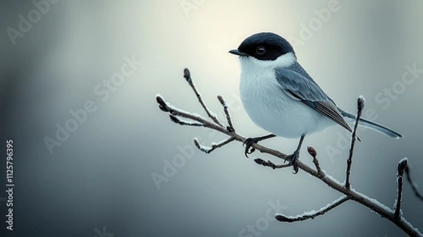 Fototapeta Lone bird perched on branch winter landscape minimalist calm environment close-up view serenity concept