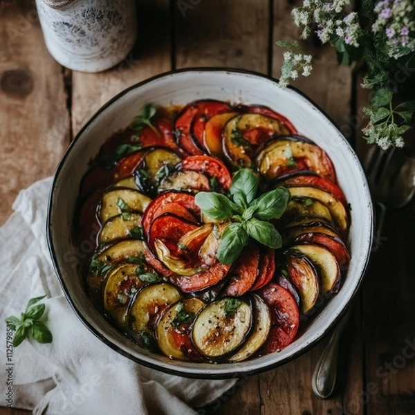 Fototapeta Colorful and Delicious Ratatouille in a Rustic Bowl Surrounded by Fresh Herbs on a Wooden Table with Natural Lighting