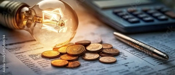 Fototapeta A light bulb, a pen, a calculator and some copper euro cent coins lie on top of an electricity bill