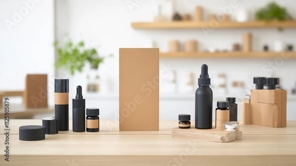 Fototapeta Minimalist Cosmetic Display with Black and Brown Containers Surrounded by Natural Elements in a Modern and Inviting Skincare Environment