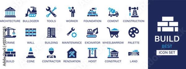 Fototapeta Build best solid icon set collection. Architecture, bulldozer, tools, foundation, cement, construction, crane, wall, building, palette and vector illustration.