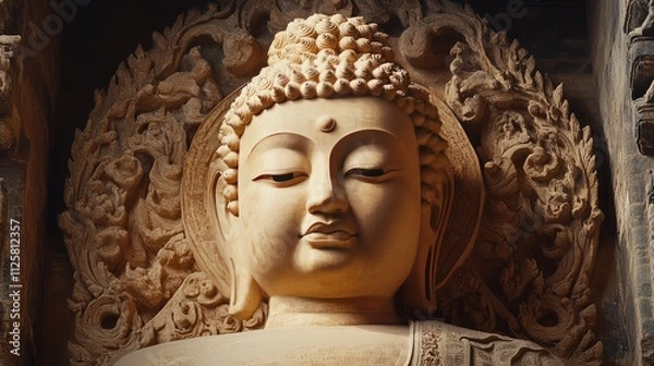 Fototapeta Serene Buddha Sculpture with Intricate Stone Carvings and Details