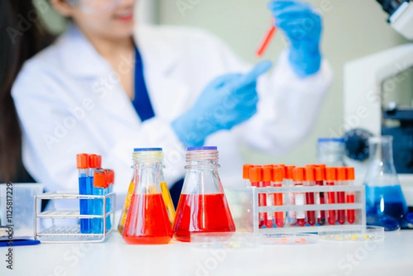 Fototapeta Discover a dedicated scientist conducting laboratory research, using pipettes, microscopes, and lab equipment.
