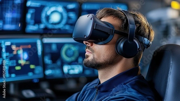 Fototapeta A man wearing a virtual reality headset and headphones, immersed in a digital environment with computer screens in the background.
