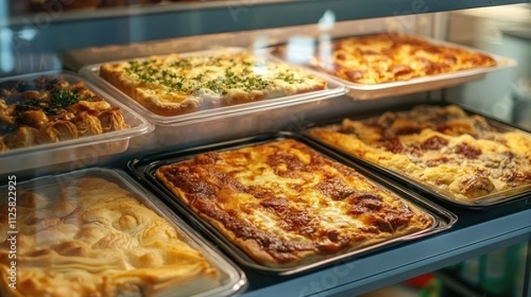 Fototapeta Delicious Assortment of Baked Dishes in Commercial Refrigerator Display