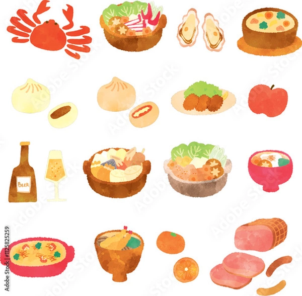 Obraz 冬グルメの水彩イラストセット